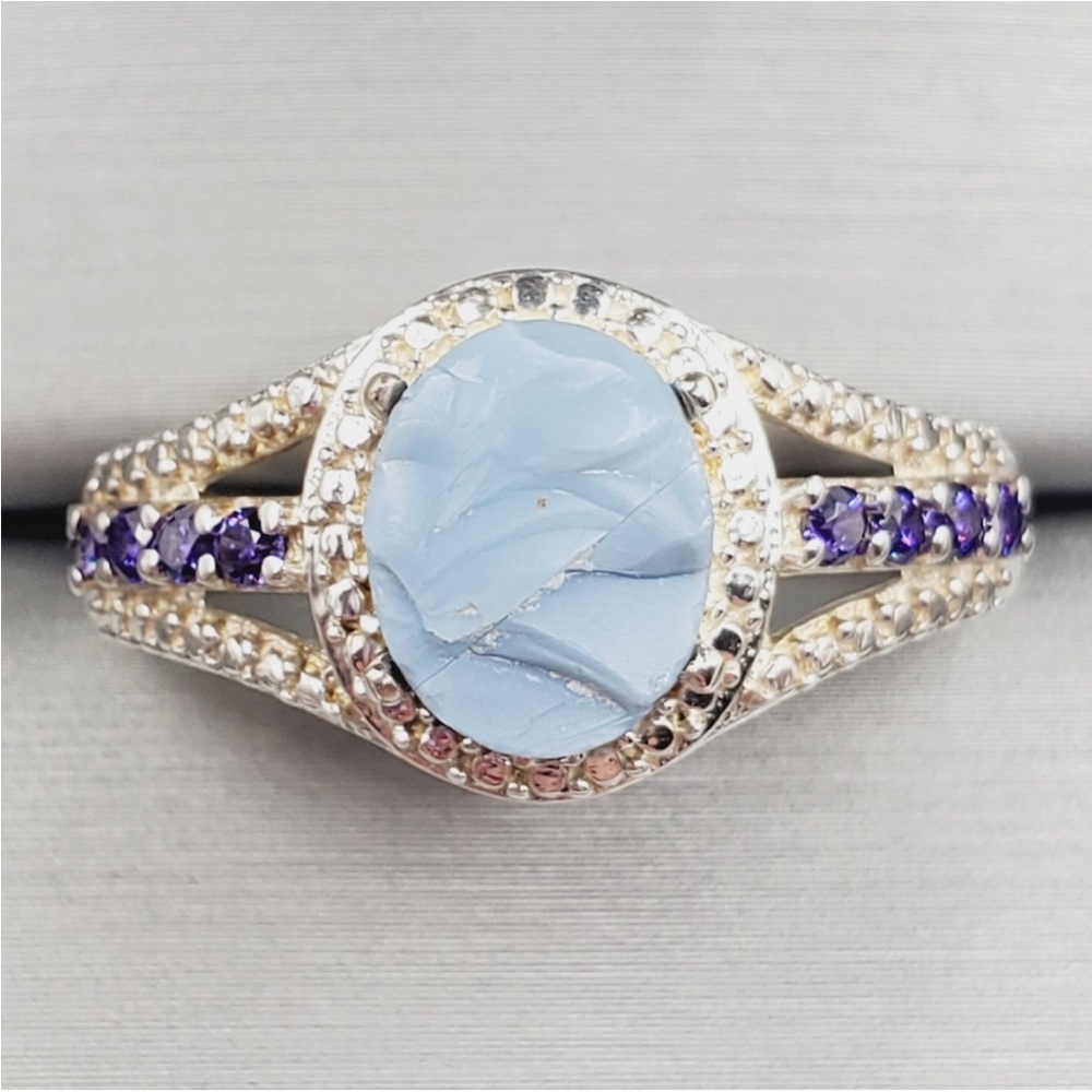 Genuine Rough Cut Blue Oregon Opal & Purple Diamond Simulants 925 Silver Ring